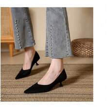 Red Single Shoes Pointed Toe Thin Heels New Suede Mid-Heeled Shallow-Mouth High Heels Women's Large-Size Women's Shoes - Black - View 4