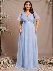 EVERPRETTY Vestido de dama de honor de gasa azul hielo con busto fruncido y cintura alta, elegante y de talla grande, vestido de noche formal, vestido para fiesta y boda, otoño - Celeste - Ver 7