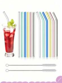 طقم قش من الزجاج 9 قطع مع فرشاة تنظيف - قش قابل لإعادة الاستخدام منحني ومستقيم للمشروبات والكوكتيلات - مثالي للمنزل والحفلات والبار ومحلات الشاي الفقاعي والمدارس