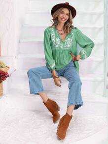 Rusttydustty Damen Langarm Bluse mit grüner Blumenstickerei, boho, für Ostern, Strand, Hawaii, Coachella Musikfestival, tropischer Urlaub