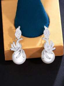 1 Pair Silver Plated CZ Pearl Dangle Drop Earrings, Cubic Zirconia 925 Sterling Silver Post Bridal Jewelry For Women Brides, Wedding/Engagement/Banquet/Party Gifts For Female Bridesmaids, Christmas Gift - White - View 6