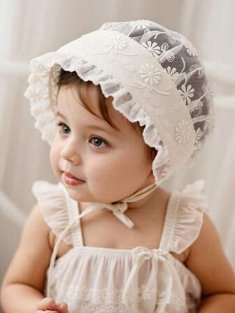 1 件新生女婴蕾丝宫廷风公主桶帽，精致刺绣胎儿帽，保暖婴儿帽