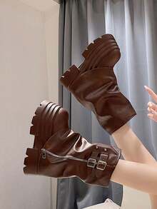 manjingfu Botas de plataforma punki de 10cm para mujer. Botas de tubo corto 2025 Nuevas, con suela gruesa y estilo británico - Marrón - Ver 7