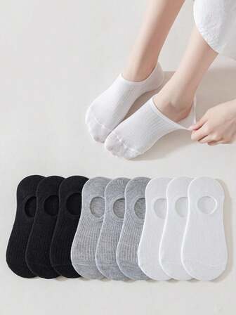 10 双女式薄款低帮条纹踝袜，隐形袜，黑色、白色和灰色，春夏季