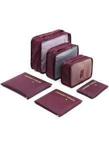 Bộ 6 túi đựng đồ du lịch bằng vải Oxford in hoa, túi đựng hành lý chống thấm nước, túi đựng đồ có khóa kéo di động cho ký túc xá đại học, thiết kế chữ và họa tiết in ngẫu nhiên, đồ dùng học tập thiết yếu khi trở lại trường, phụ kiện du lịch, túi du lịch, đồ dùng học tập thiết yếu trong ký túc xá đại học - Màu Đỏ Sâu - Xem 3