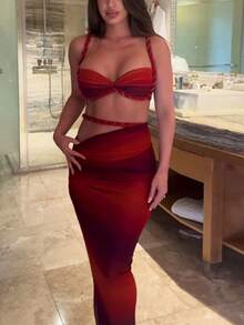 女士性感露背吊带背心和百褶长裙套装，夏季度假装 - 紅色 - 查看 3