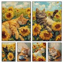 1 件可选有趣的橙色猫躺在向日葵海报可爱猫喝咖啡帆布画适用于客厅墙壁艺术画家居装饰壁画可重复使用框架 - 彩色 - 查看 2