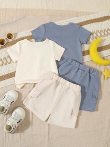 4pcs/Set Boys Summer Breathable Short Sleeve T-Shirt And Cargo Shorts Set, Casual Style For Vacation - Navy Blue - View 2