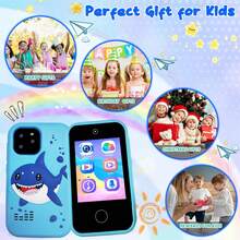 儿童玩具智能手机，圣诞节和生日礼物，适合男孩和女孩，逼真鲨鱼玩具手机，音乐和双摄像头游戏，带MP3播放器的教育角色扮演手机，男孩礼物