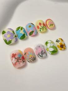 10 pezzi di unghie finte rimovibili, realizzate a mano, realistiche, design originale, forma ovale corta, motivi floreali e dipinti a olio colorati, accessori per unghie estive, con colla e adesivi per donne e ragazze