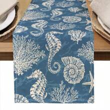 1pc Seahorse Print Table Runner, 4pcs Seahorse Print Placemats, Suitable For Festivals, Parties, Birthdays, Dinners, Kitchen & Dining Table Decor, Applicable All Year Round For Home Decoration And Textiles