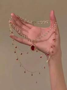 1 stuk elegante groene/rode hangerketting in Boheemse stijl voor vrouwen, ovale hangerketting met imitatieparels, sprankelend ontwerp, geschikt voor feestjes, casual outfits en cadeaus