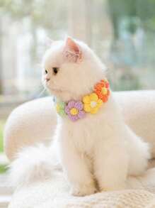 1 pieza Collar y collar de mascotas hecho a mano con hilo tejido y flores coloridas para gatos y perros, accesorio adorable para mascotas