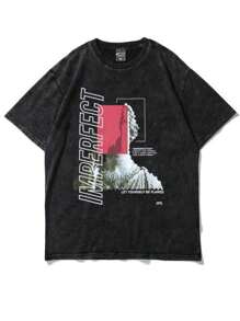 A Black Washed And Stir-Fried Snowflake 230g Cotton T-Shirt, "DAN DA DAN" Red Three-Dimensional Letter Print, Dark Style Y2K Style