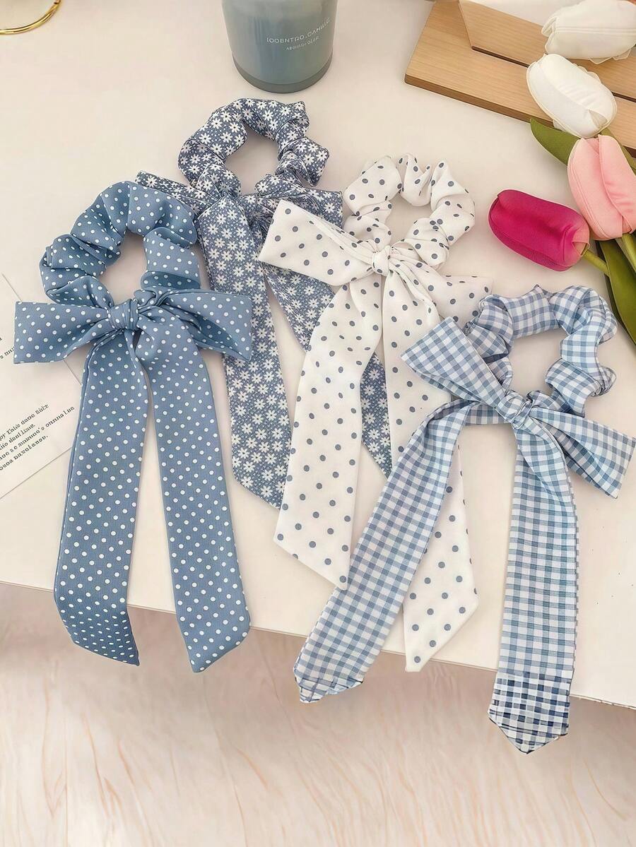 1 件印花波尔卡圆点蝴蝶结发圈丝带马尾辫固定器可爱发饰发圈发圈发圈 - 彩色 - 查看 1