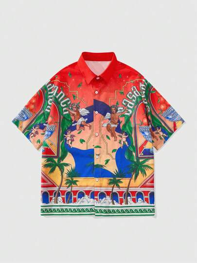 Men's Colorful Pattern Turndown Collar Loose Fit Short Sleeve Shirt