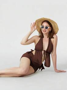 Women Knitted Outfit Halter Neck Tie-Up Front Sleeveless Tank Tops Low Rise Mini Shorts 2 Pcs Set