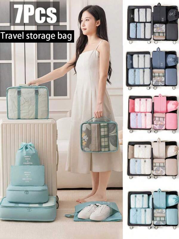 7-Piece Travel Luggage Packing Cube Organizer Set With Toiletry Bag, Makeup Bag, Underwear, Shoe And Clothing Sorting Storage Bags Travel Organizer For Clothes Luggage Storage Bag Set Packaging Bag For Cruise Holiday Beach Vacation Stuff Summer Travel Essentials For Ladies Woman Suitcase Underwear Bag Room Decor