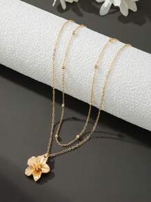 Colar com pingente de flor plissado de duas camadas, retrô, moderno, versátil, elegante, temperamento, design de pétala, adequado para presentear diariamente