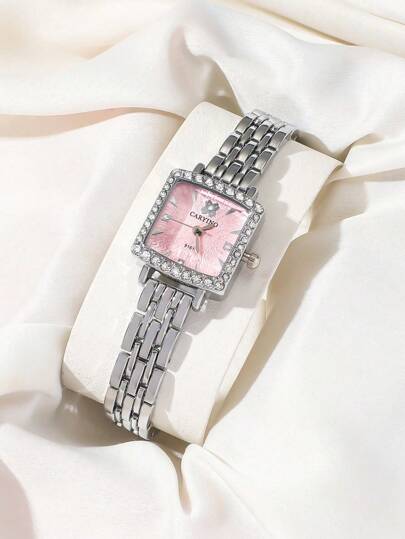 CARYINO 1pc Stainless Steel Square Zilver Horloge Classic Elegant, Versatile Refined, Inlaid Diamonds Quartz Watch. Life, Parties, mal Dinners. view 2