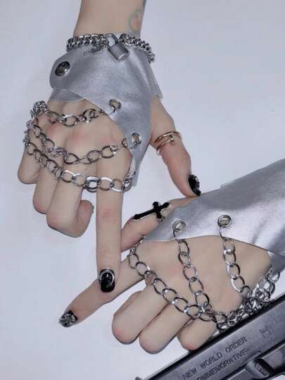 1 双 Y2K 朋克风格链条露指手套，性感前卫舞者表演者角色扮演配饰仿皮半指袖套