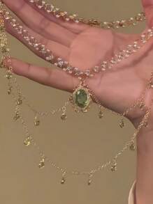 1 stuk elegante groene/rode hangerketting in Boheemse stijl voor vrouwen, ovale hangerketting met imitatieparels, sprankelend ontwerp, geschikt voor feestjes, casual outfits en cadeaus
