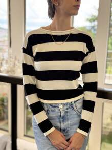 BLUSA LISTRADA TRICOT MODAL MANGA COMPRIDA LISTRADA INVERNO FRIO