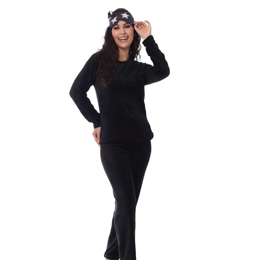 Women's Soft Winter Long Adult Fleece Pajamas Basic Simple Long Sleeve - Black - View 1
