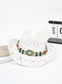 1 Peça Chapéu de Palha de Verão Feminino com Decoração de Zircônia Oca e Respirável, Chapéu de Cowboy de Sol Unissex na Moda e Personalizado, Adequado para Praia, Férias, Proteção Solar Diária, Ótima Ideia de Presente para o Dia dos Pais