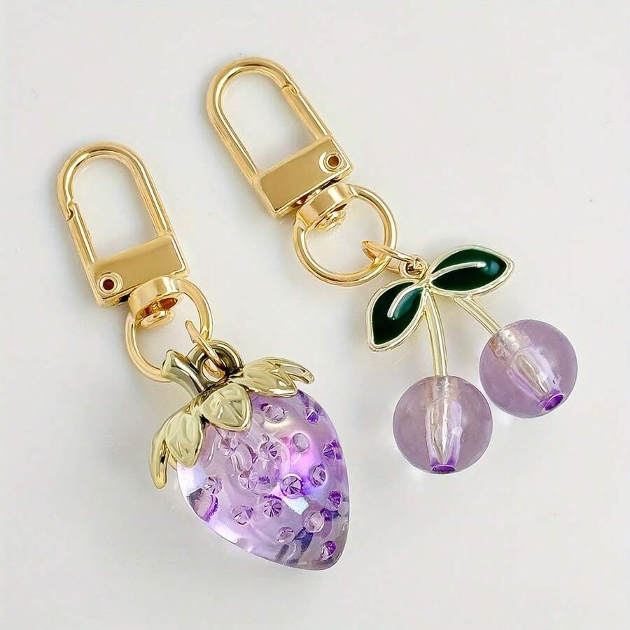 2pcs Purple Simulated Resin Fruit Keychain Cute Portable Bag Charm Strawberry Cherry Accessories Purse Pendant Y2K - Màu tím - Xem 1