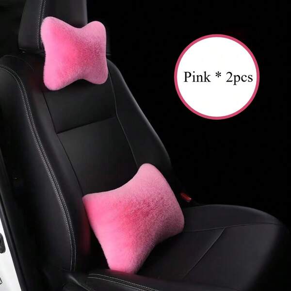 2 件毛绒汽车头枕，支撑颈部保护内饰配件，柔软舒适