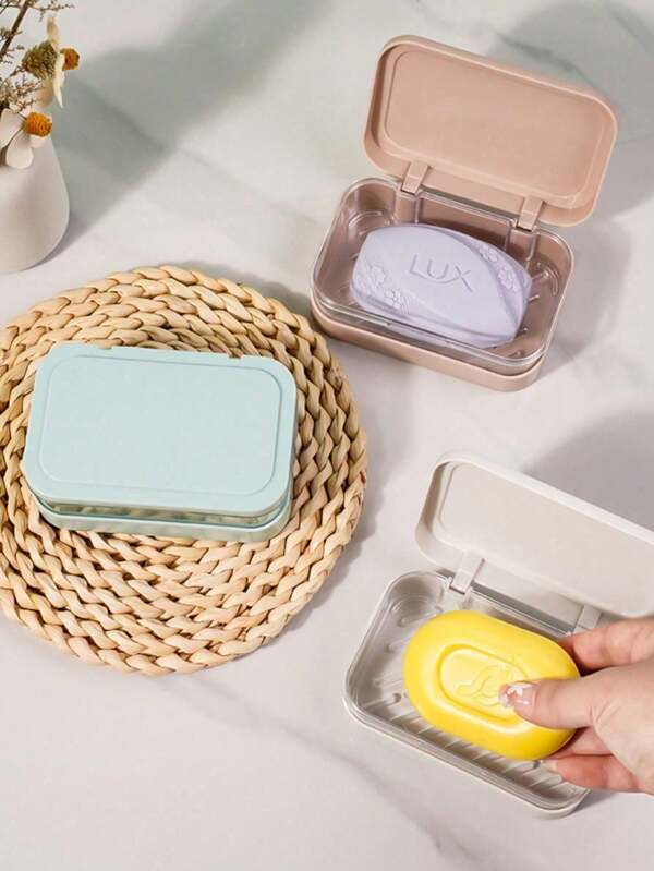 1 pieza Caja drenadora de jabón con tapa abatible creativa, plato de drenaje de jabón de plástico transparente simple, adecuado para el hogar, dormitorio, baño, balcón, hotel, de vuelta a la escuela