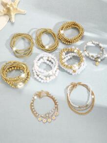 12/8/7/5/4pcs Set Beaded Chunky Faux Pearl Geometric, Round Bead, Square Flower, Heart, Rhinestone Sparkling Stretch Bracelet, Fashion Chic Elegant Retro Design, Suitable For Holiday, Party, Dating, Gift, Daily Wear
