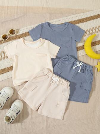 4pcs/Set Boys Summer Breathable Short Sleeve T-Shirt And Cargo Shorts Set, Casual Style For Vacation