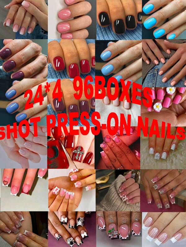 24 Types, 24*4 96boxes Press-On Nails,Shot Style, Modern Stylish, Reusable