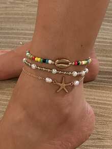 3pcs/Set Boho Gold Shell & Starfish Pendant Anklet, Colorful Beaded Foot Jewelry Design, Suitable For Women, Beach Party, Sensual Display, Great Gift For Mom, Friend
