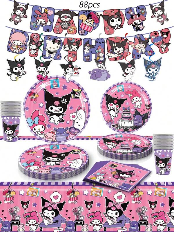 Sanrio 88pcs Sanrio Kuromi Party Supplies,Included Birthday Banner,Hanging Vortex, Plates,Napkins,Tablecloth,Paper Cup,For Kuromi Decorations,Kuromi Birthday Party Decorations,Kuromi Party Decorations