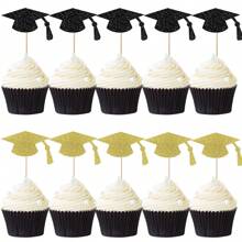 24 pièces Décorations de petit gâteau graduations en forme de toque noire et or pailleté - fournitures de décoration de petit gâteau pour fête de graduation