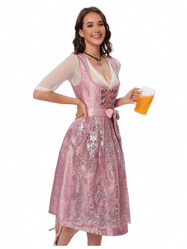 Hobrounn Dirndl Damen Midi Dirndl für Damen Trachtenkleid 3Tlg. Trachtenmode Kleid für Oktoberfest Rosa