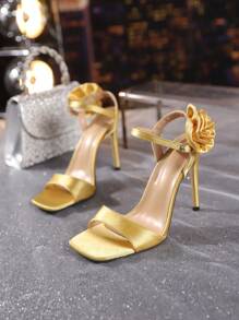 Sexy Fashion Rose Flower Decor Pointed Toe Thin High Heel Casual Versatile Open Toe Yellow Ladies High Heel Sandals