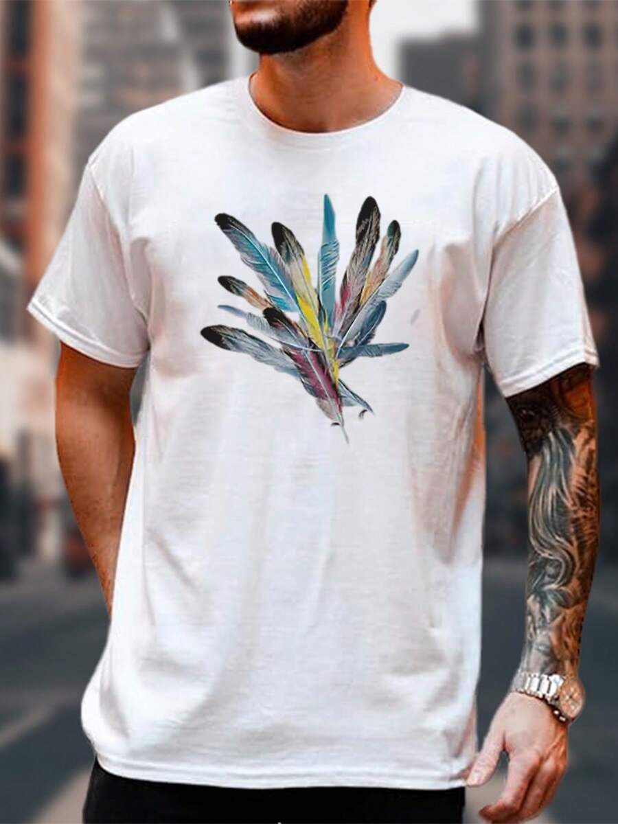 Camiseta de Hombre de Algodón Grueso 220g - Plumas Coloridas, Estilo Elegante y Artístico - Blanco - Ver 1