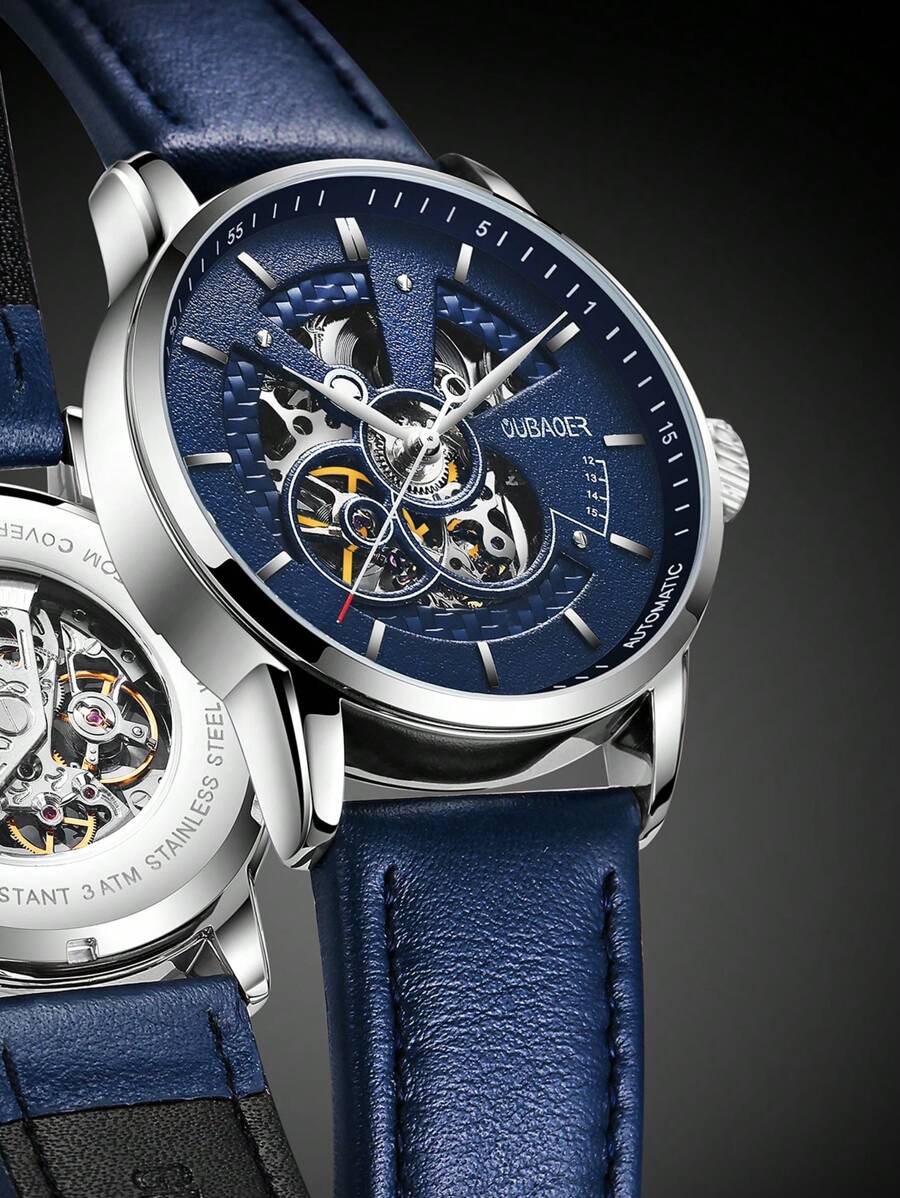 Oubaoer Herren Lässig Minimalistisch Leder Automatisch Mechanisch Cut Out Luxus Geschäft Wasserdicht Mode Uhr, hochwertige Herren Armbanduhr, Herren Geschenk