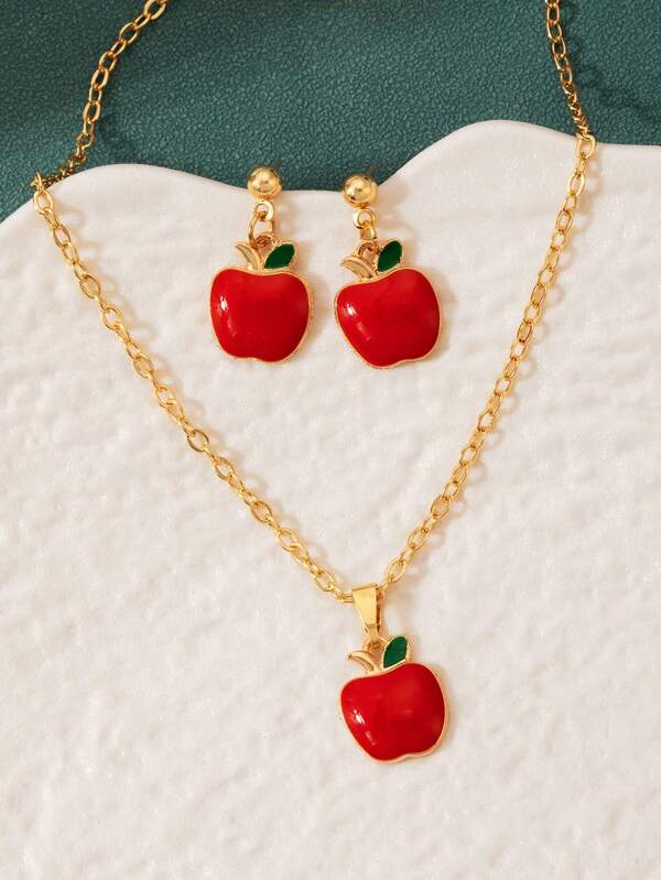 1 set de collar y pendientes con diseño de manzana roja de moda, accesorio como regalo para amigas