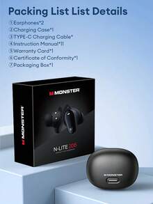 Écouteurs sans fil Monster N-Lite206 avec réduction de bruit, casque audio pour musique, sport et jeux. Contrôle tactile, crochets d'oreille, étanche - noir - Voir 8