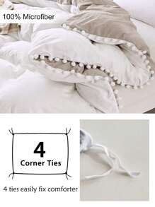 1 pieza Funda de edredón reversible de poliéster blanca y caqui con pompones y borlas, funda de edredón moderna de estilo bohemio y rústico elegante para uso en todas las estaciones en el dormitorio