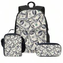 Dollar Pattern Printed Backpack Three Pieces Set (Front Bag Backpack + Lunch Bag + Pencil Bag) Pencil Case