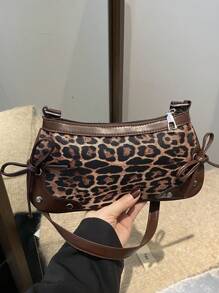 Bolsa de ombro feminina elegante, de cor sólida, com rebites simples e estampa de leopardo, ideal para compras, carteiras, compras, jovens mulheres, estudantes universitárias, recém-chegadas e trabalhadoras de colarinho branco. Ideal para escritórios, universidades, trabalho, negócios, deslocamento diário, atividades ao ar livre, viagens e passeios.