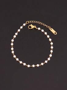 1 pièce Bracelet en acier inoxydable 3/4mm avec de fausses perles blanches pour femmes. Bijou avec chaîne de perles simples et mode (le nombre de perles est aléatoire)