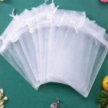 50个欧根纱礼品袋、珠宝袋、带抽绳的小网袋、用于包装透明袋、珠宝袋、小礼物、婚礼回礼、白色欧根纱糖果袋、婚礼糖果桌装饰、婚礼场地和背景墙装饰、礼品包装用品