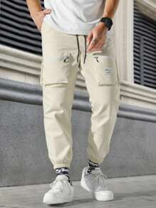 1pc Men's Large Pocket Zipper Cuff Athletic Pants, Casual Loose Cargo Pants, Versatile Leisure Trousers
